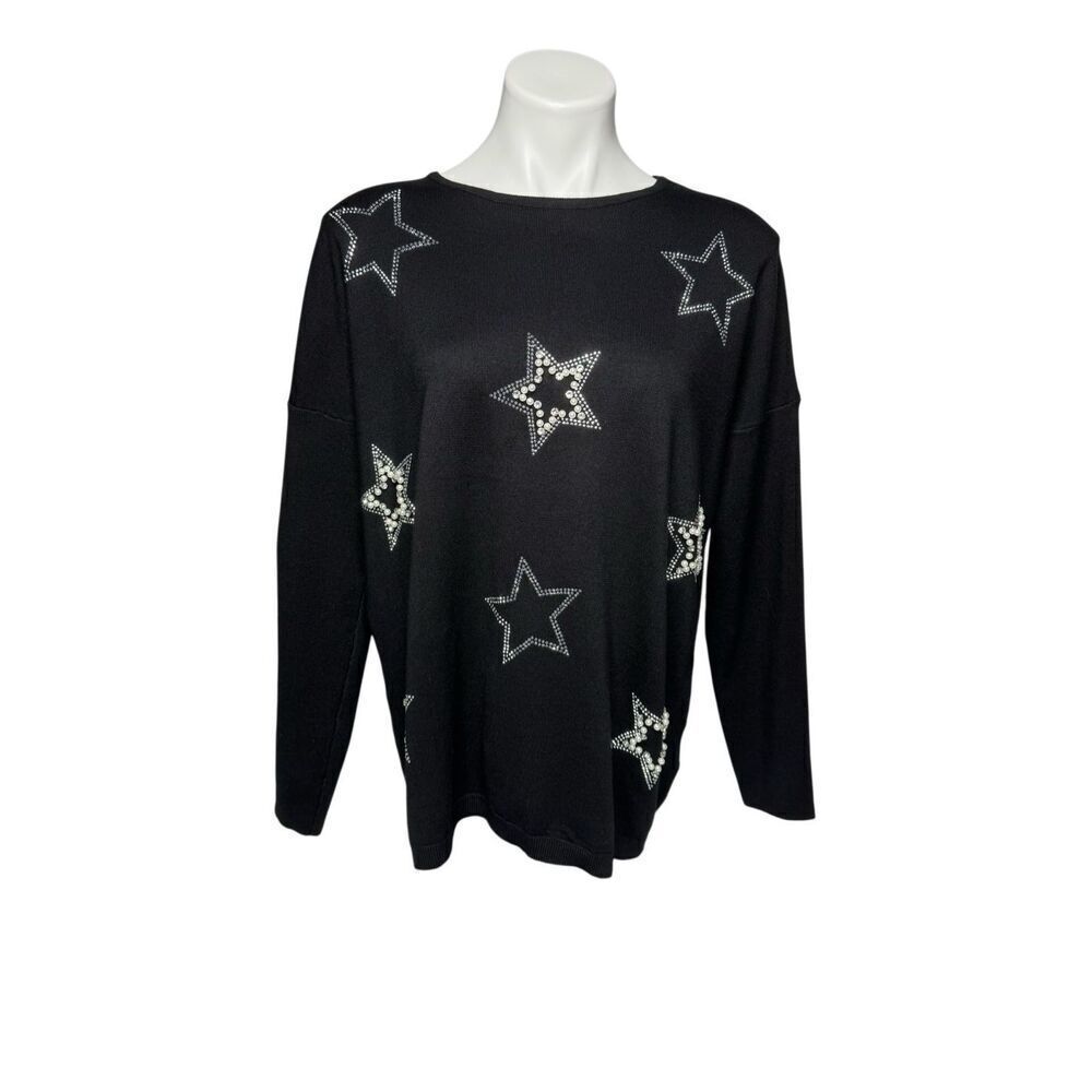 Frank Lyman Montreal black star embellished crew neck sweater size L